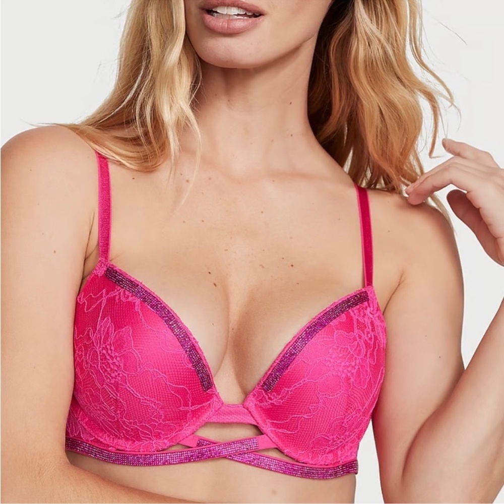 VICTORIA’S SECRET Very Sexy Push-Up Lace Bra Bright Pink Size 32D NEW